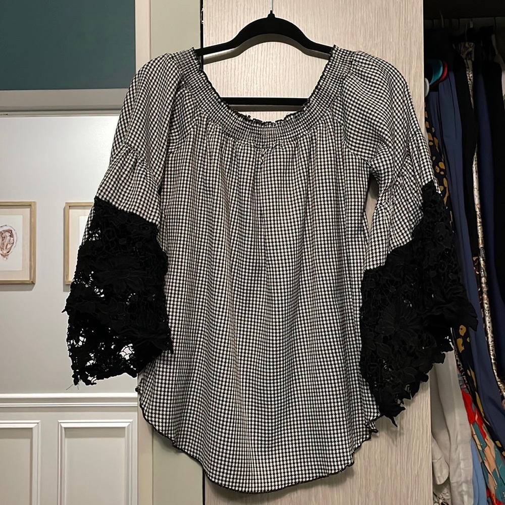 Houndstooth and lace off the shoulder blouse